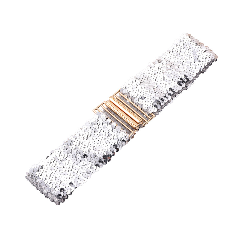 Cinto feminino de lantejoulas, elástico e brilhante, estilo corset, com fivela de metal, alça decorativa para corset, acessório para vestido de festa.: Prata