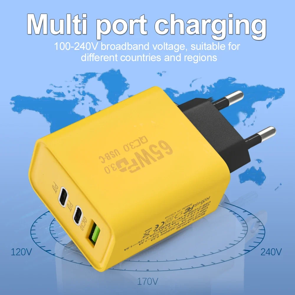 65 W 3 Poorten GaN USB PD Mobiele Telefoon Opladers USB C Naar Type C Hoge snelheid Opladen Datakabel Koord QC3.0 Mobiele Telefoon Muur Adapter