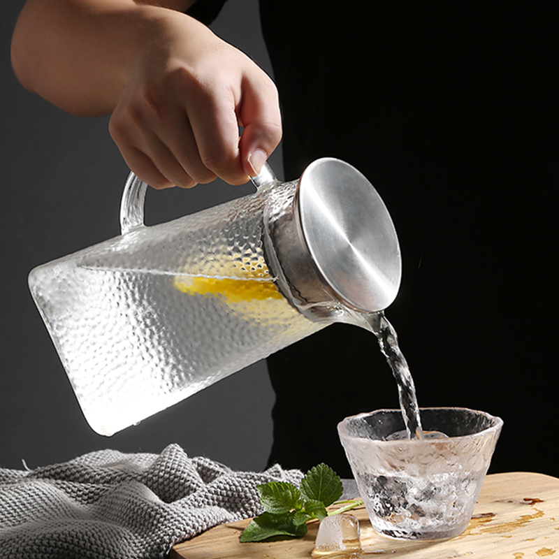 Glaskanna kallvattenflaska hamrad fyrkantig högtemperaturbeständighet uppvärmningsbar 1800ml 1500ml 1200ml 1000ml