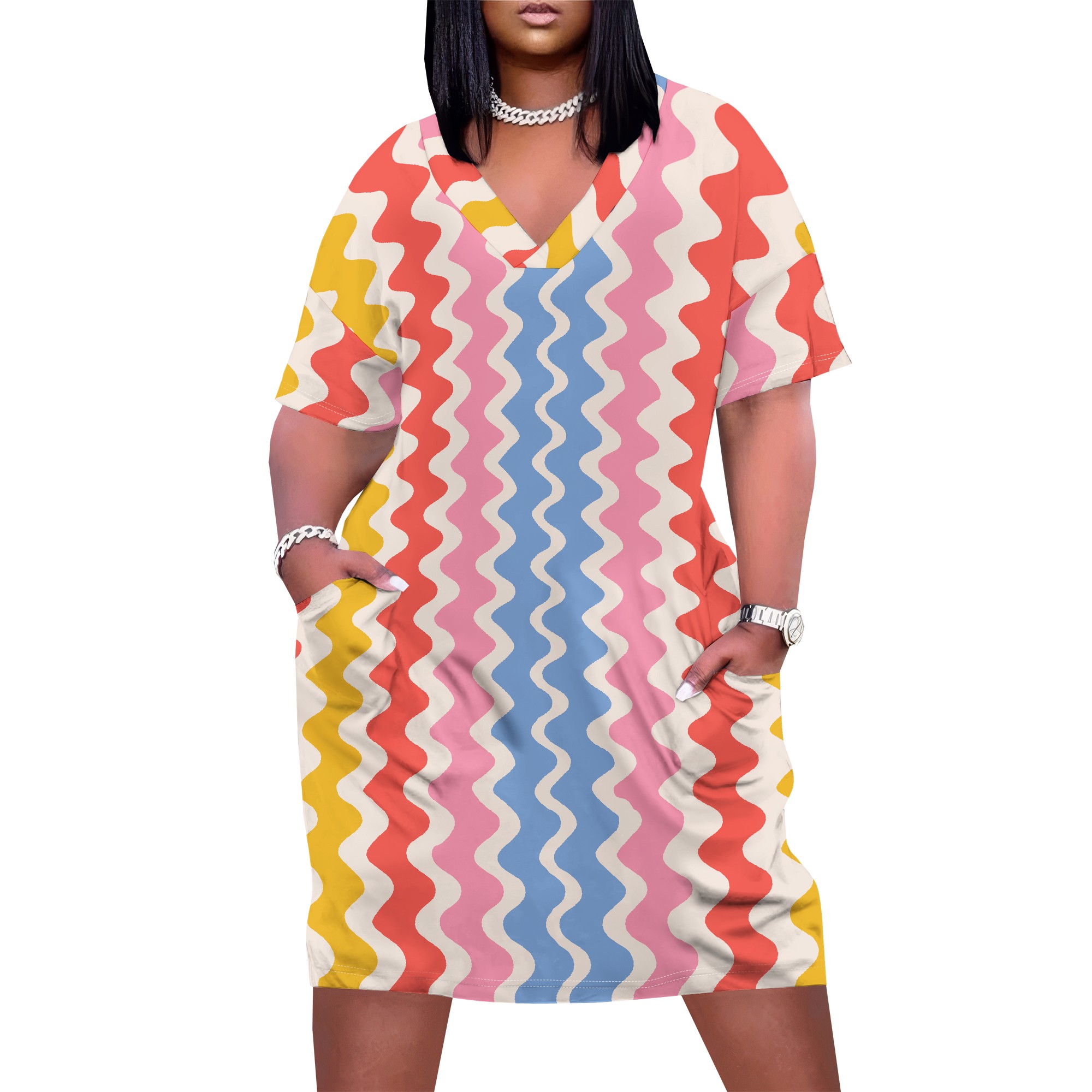 Plus size kvinder afslappet t-shirt kjole med v-hals og korte ærmer, to lommer foran, ensfarvede oversize kjoler
