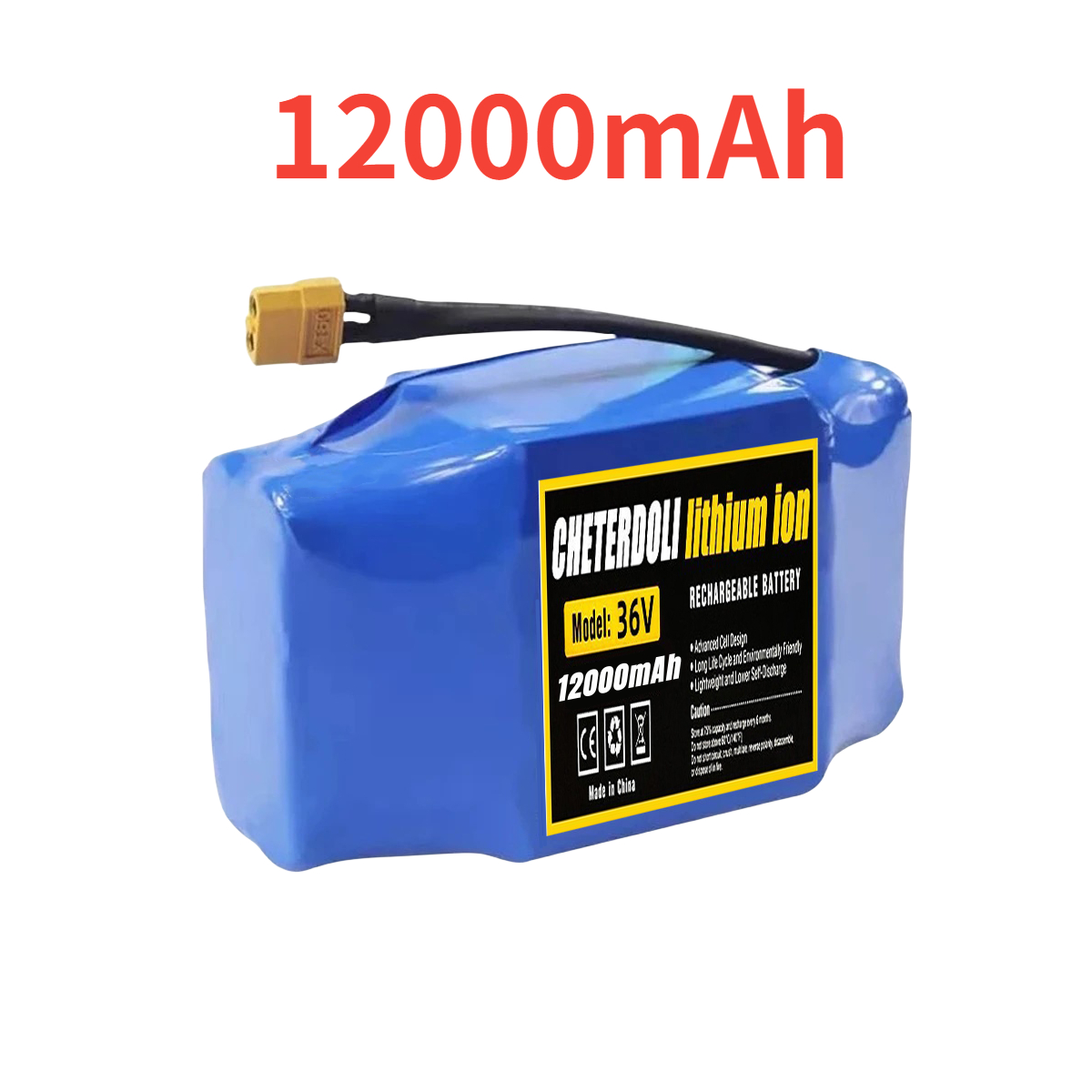 Batería recargable de litio de 36V, 12Ah, 10s2p, verdadera para patinete eléctrico autoequilibrado, monociclo HoverBoard, batería excepcional: YELLOW
