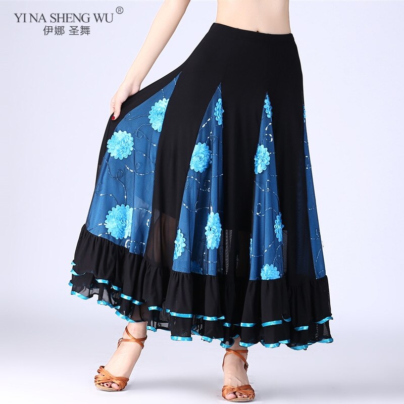 Falda larga de práctica de danza del vientre para mujer, falda grande de 9 colores, falda de baile, falda gitana, vestido de baile para mujer, falda española larga: Turquoise