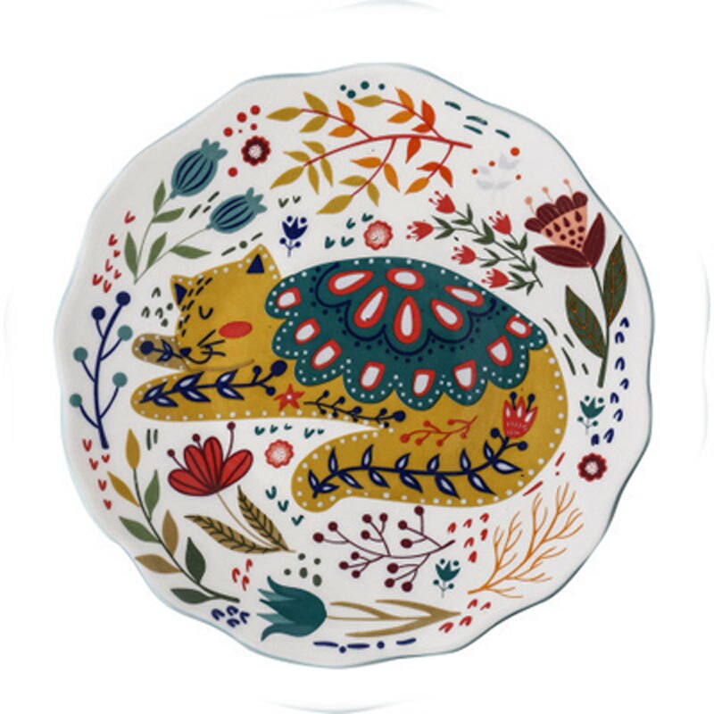 8 inch Colorful Cat Dinner Plate Under-Glazed Ceramic Dinner Dishes Dessert Tray Flower Kitten Dinnerware Microwave Safe: B