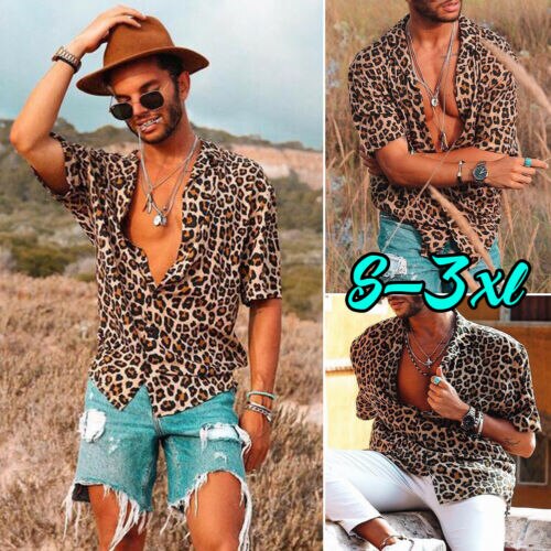 Men's Leopard Buttoned Shirt Summer Short Sleeve Plus size Casual Shirts