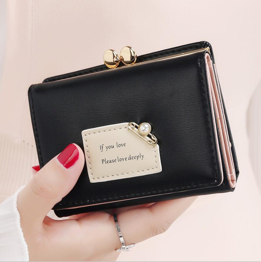 Women Wallets Female Short Three Fold Purse Simple Cute Student Clutch Card Holder Coin Purse: Black