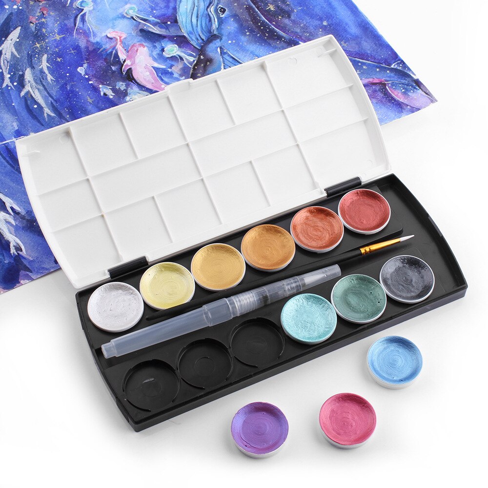 Juego de acuarelas metálicas, 12 colores, pintura dorada, acuarela con pincel de agua para pintar, suministros de arte del pigmento