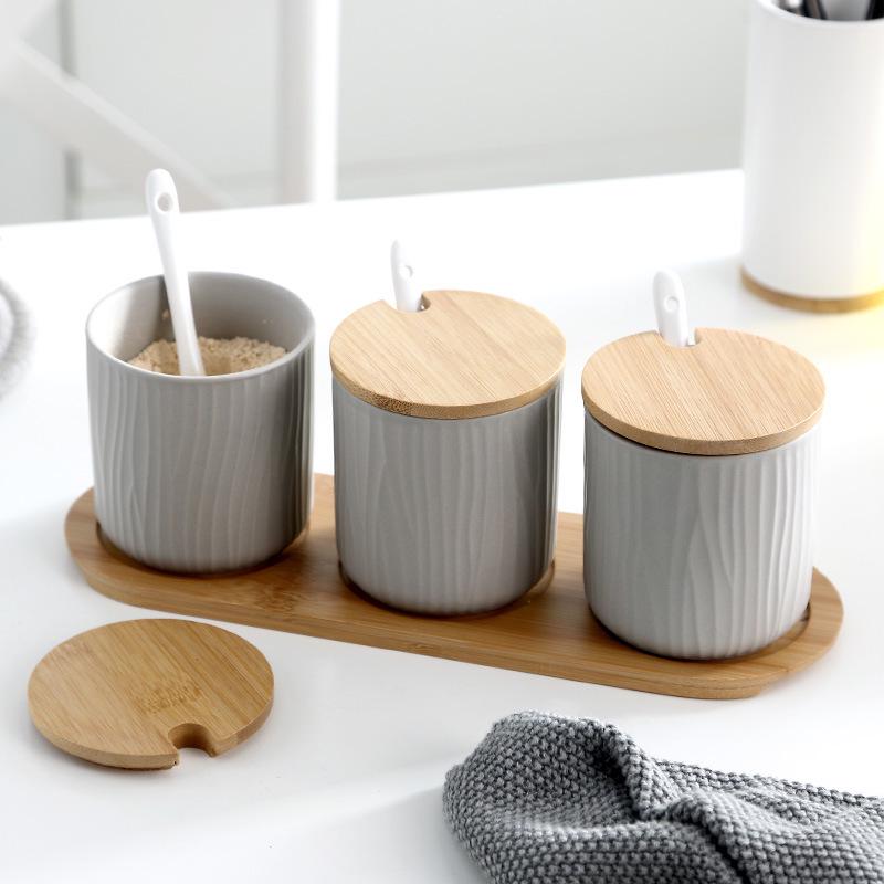 3 Pcs Nordic Keramische Kruiden Pot Met Houten Deksel En Lepel Opslag Container Kruiderij Potten Keramische Kruiden Rack Keuken Tool