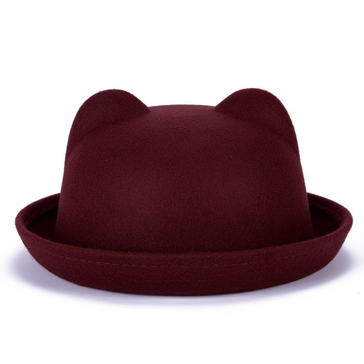 [dingdnshow] trend fedora hat unik sød voksen uld vinter og efterår floppy hat med ører kvindelig gorro til kvinder: Vinrød voksen