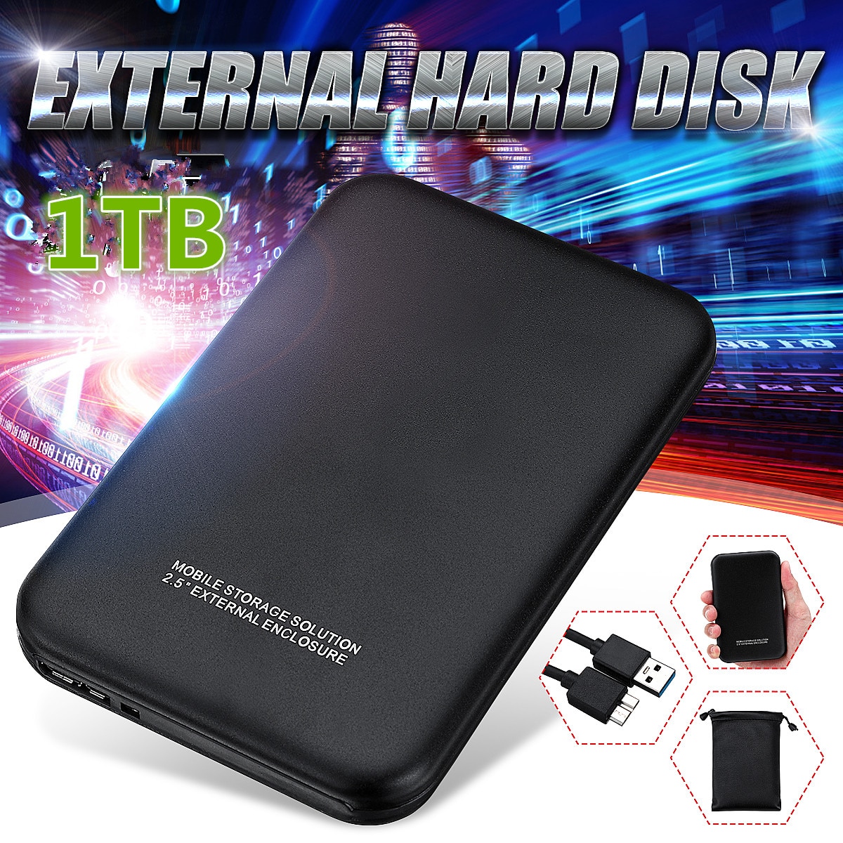 USB 3.0 PC Hard Drive 1T Neutral Hard Drive Black Upgrade High Transmission Support HDD/SSD with USB Cable Business