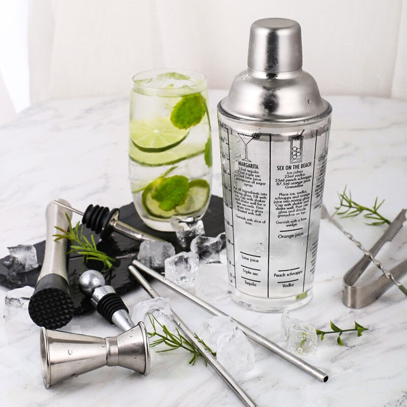 Cocktail Shaker Bar Set Plactic&amp;Wood Holder Stainless Steel Copper Plated Cocktail Shaker Bartender browserKit Bars Set Tools