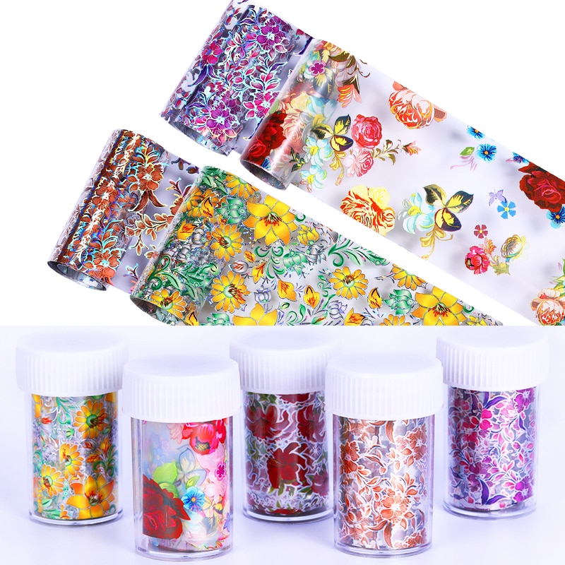 Nail Folies Holografische Kleurrijke Bloemen Gemengde Patroon zelfklevende Transfer Decals Wraps Sticker Nail Art DIY Decoratie