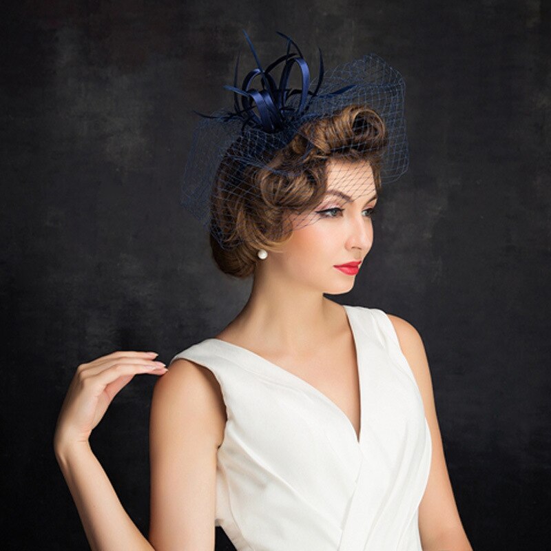 Navy Blue Wedding Hats Bridal Headpiece with Veil Handmade Birdcage for Evening Party