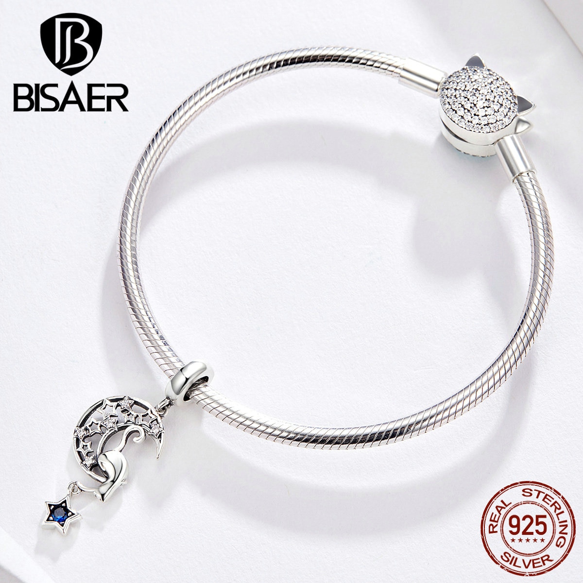 Abalorios BISAER con forma de gato y luna de cuento de Plata de Ley 925 con forma de luna con forma de gato y estrella para pulseras DIY ECC1205