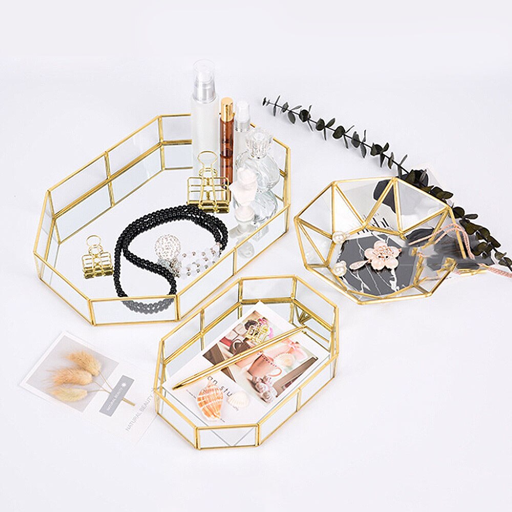 Verre cuivre géométrie boîte de rangement Style nordique panier de rangement boîte simplicité Style maison organisateur bijoux collier Dessert assiette