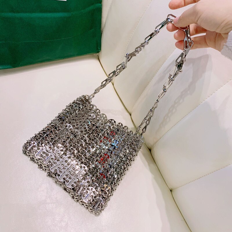 luxury Women Bags Metal Sequins Chain Woven Bag Hollow Evening Bags Clutch Female Travel Shoulder Bag Handbag: Handbag silver