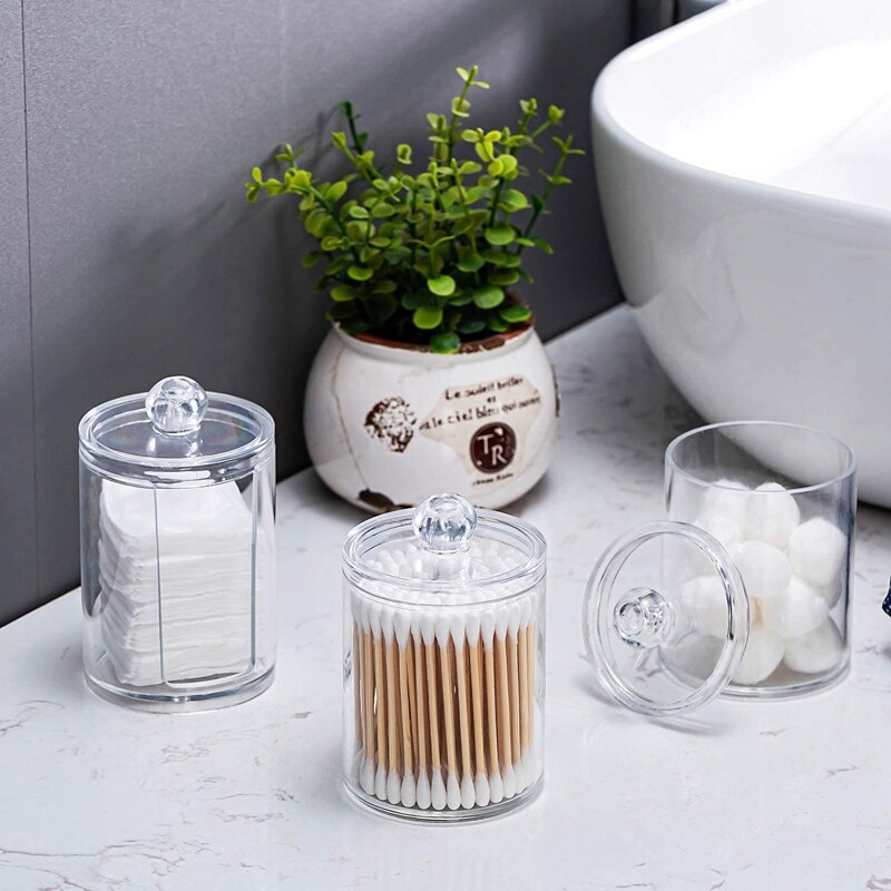 3 stk klar vat og vatpindholder med låg, dispenser opbevaringsglas til make-up pads, kosmetik, badeværelse