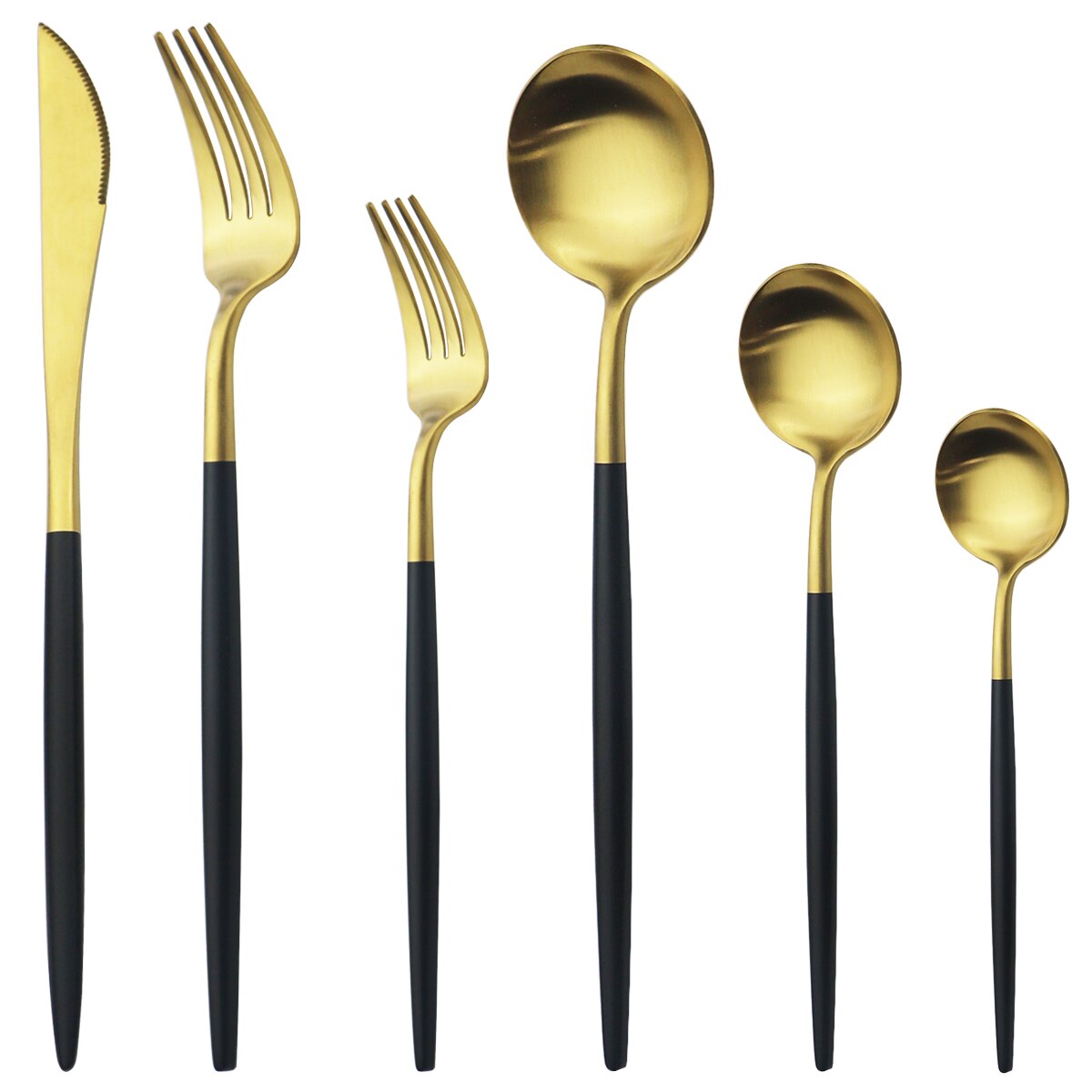 6 stk/sæt mat guld bestik sæt 304 rustfrit stål service sæt kniv gaffel dessert ske spisestel køkken sølvtøj sæt: 1 sæt / Sort guld