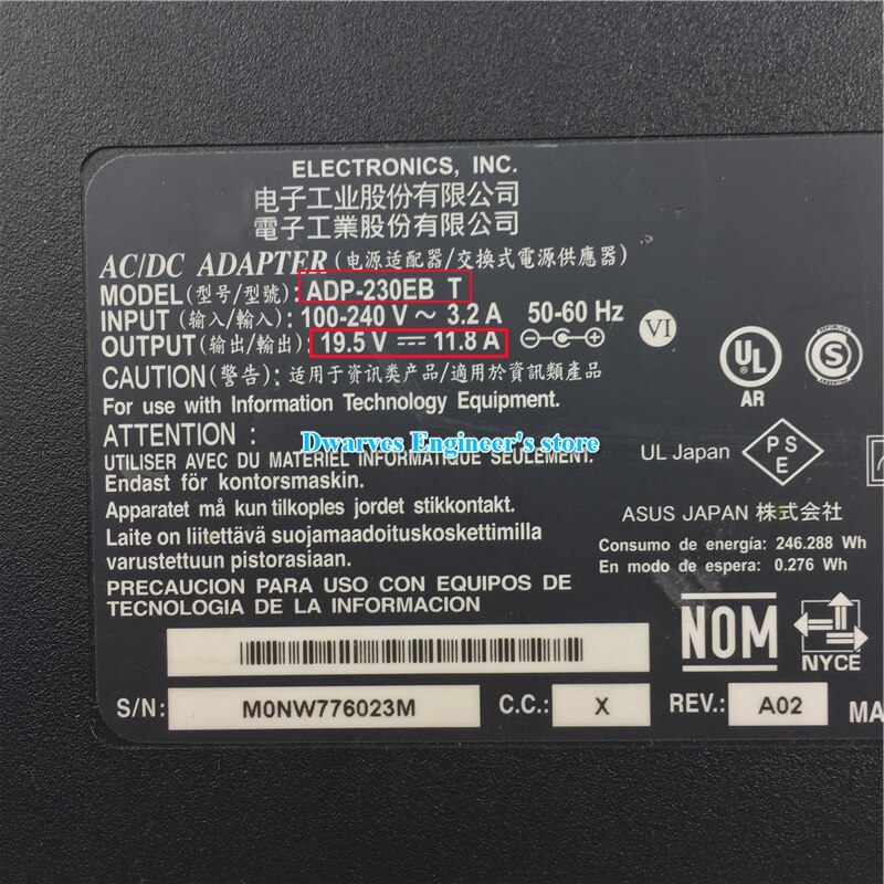 19.5V 11.8A 230W Delta AC Adapter Charger ADP-230EB T For MSI Stealth GS66 5.5MM