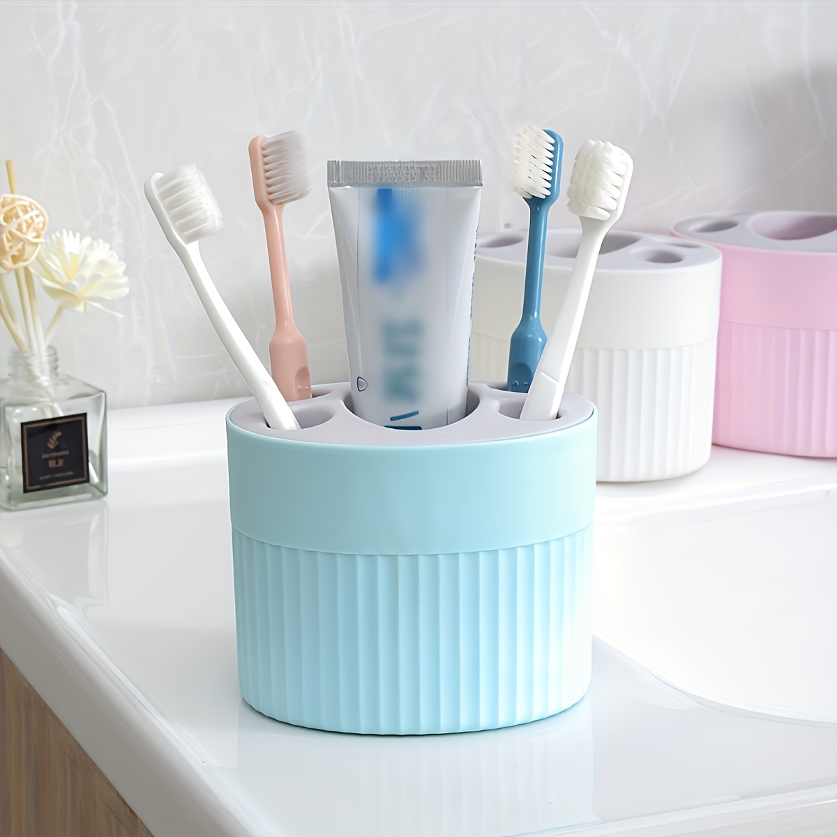 4 - Slot Toothbrush Holder with Drain Holes, ABS Plastic Freestanding Bathroom Organizer for Toothpaste, Home & Festival: Blue
