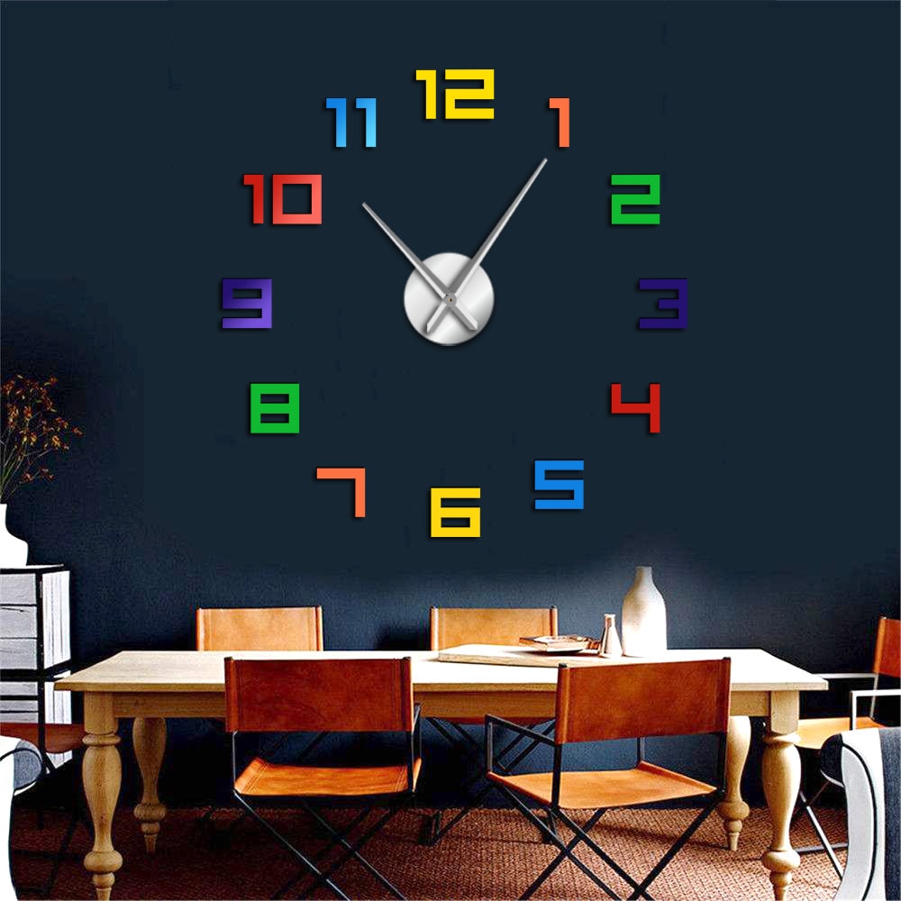 Numéros colorés sans cadre bricolage horloge murale couleurs arc-en-ciel montre géante multicolore acrylique bricolage grands numéros horloge de décoration intérieure