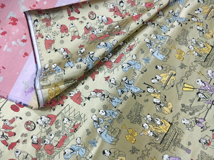 Chinese zijden brokaatstof, jongen tang-kostuum, cheongsam, bruiloft, dekbedovertrek, kussensloop, lichtgoud, honderd kinderen