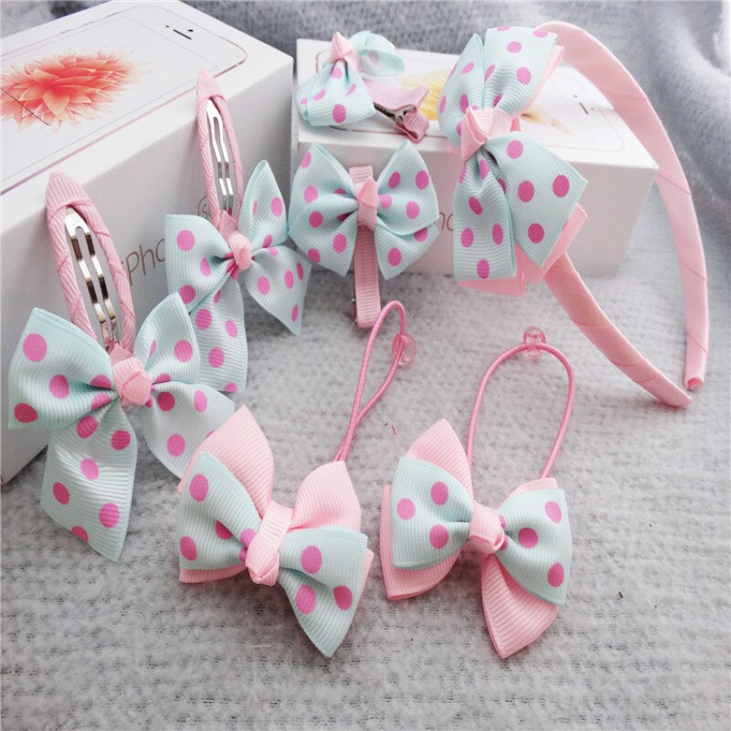 7 teile/satz Kinder Haar Clip Set für Geburtstag Streifen Dots Muster Haarnadeln Nette Haar Seil Mädchen Headwear Haar Zubehör set: 8