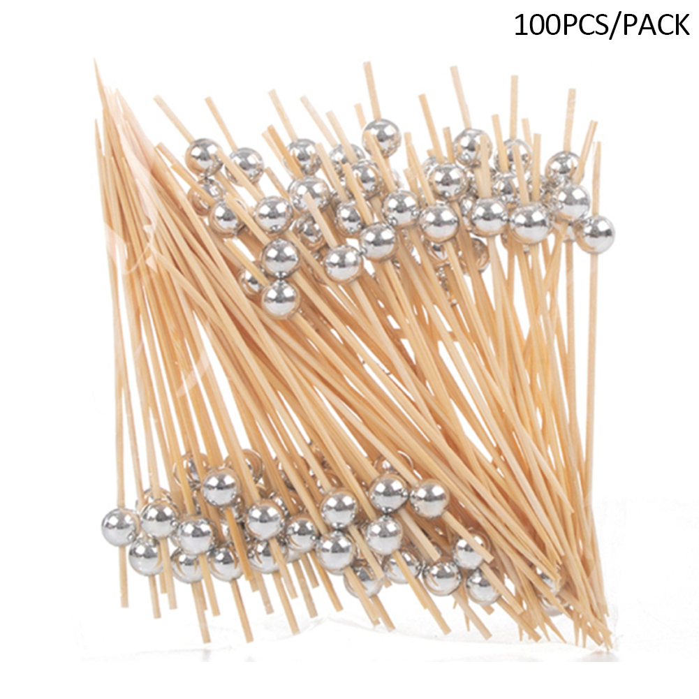 100pcs Salad Home Desserts Wedding Party Bamboo Toothpicks Practical Cake Decor Cocktail Picks With Pearl Disposable Restaurant: Silver