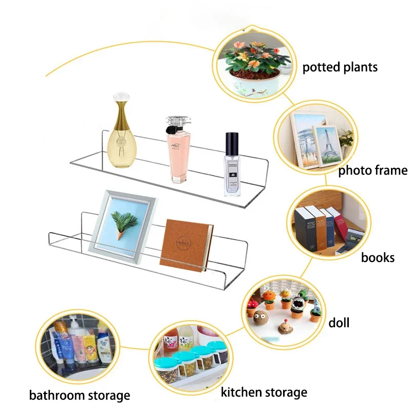 Estante de almacenamiento acrílico montado en la pared, estante flotante sin perforaciones, palo de exhibición transparente y grueso, organizador para baño, cocina y baño