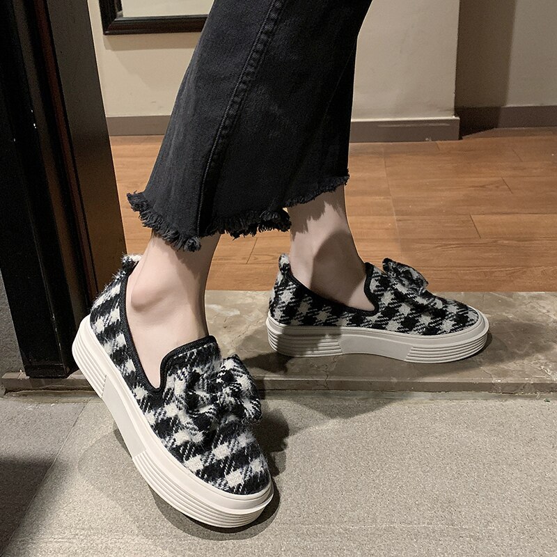 Bow-knot gingham slip on moccasins round toe creepers women shoes casual comfy brief cute loafers all match flats female