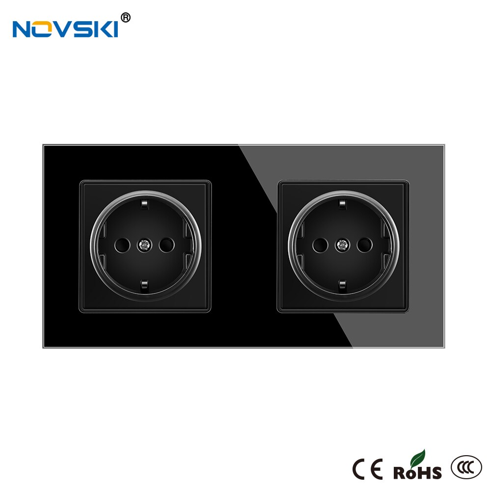 EU Wall Crystal Glass Black Panel Power Socket Triple German Plug Grounded, 16A Quadruple Electrical Socket, 15 Years Warranty: Double Outlets