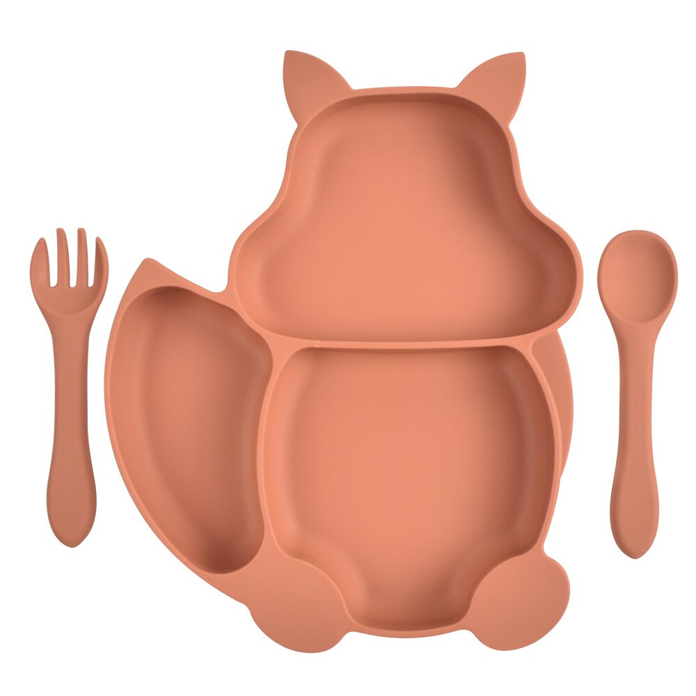 Baby Feeding Set Blue Silicone Suction Plate Squirrel Shape Self Feeding Training Stay Put Plate Soft Spoon Fork Dish Kit