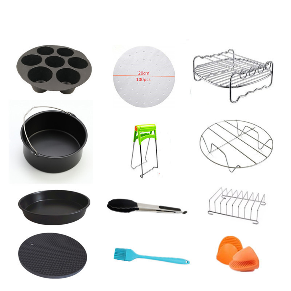 5 Stks/set Lucht Friteuse Pizza Pan Spies Rack Cake Vat Metalen Houder Siliconen Mat Accessoire Kit