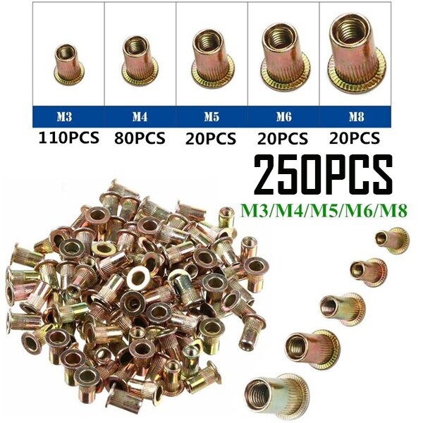 130/190/250 porcas cegas do rebite dos pces m3 m4 m5 m6 m8, porca rosqueada zinco misturada do rebite do aço carbono parafusos e porcas da inserção do rivnut: 250PCS