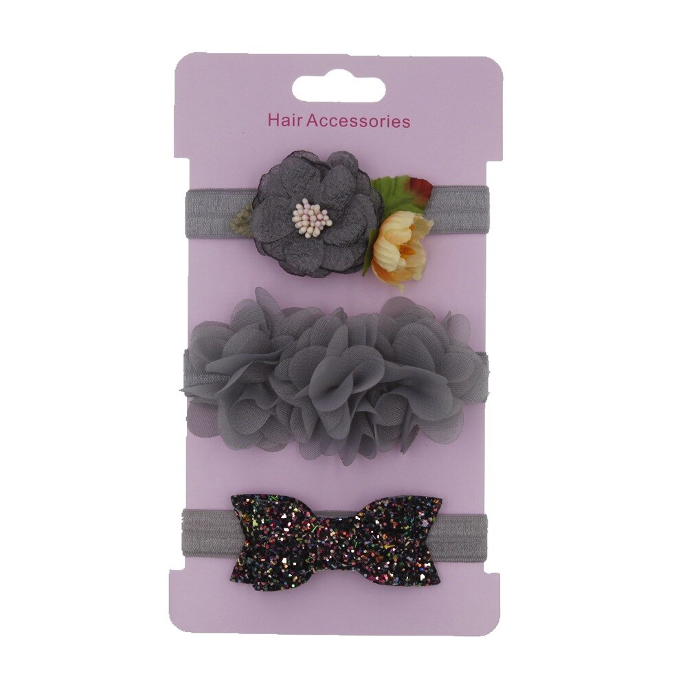 Baby pannband set elastisk paljett rosett hårband flickor bowknot casual söta huvudbonader baby barn håraccessoarer 3 st/lot: Grå