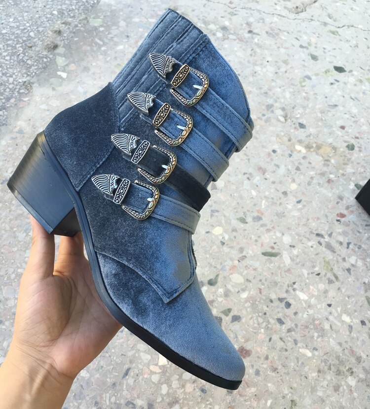Frauen Samt Stiefel Reißverschluss Spitz Gürtel Schnalle hoch oben Knöchel Chelsea Stiefel Schuhe klobig Ferse Westlichen Neue 2 Farben