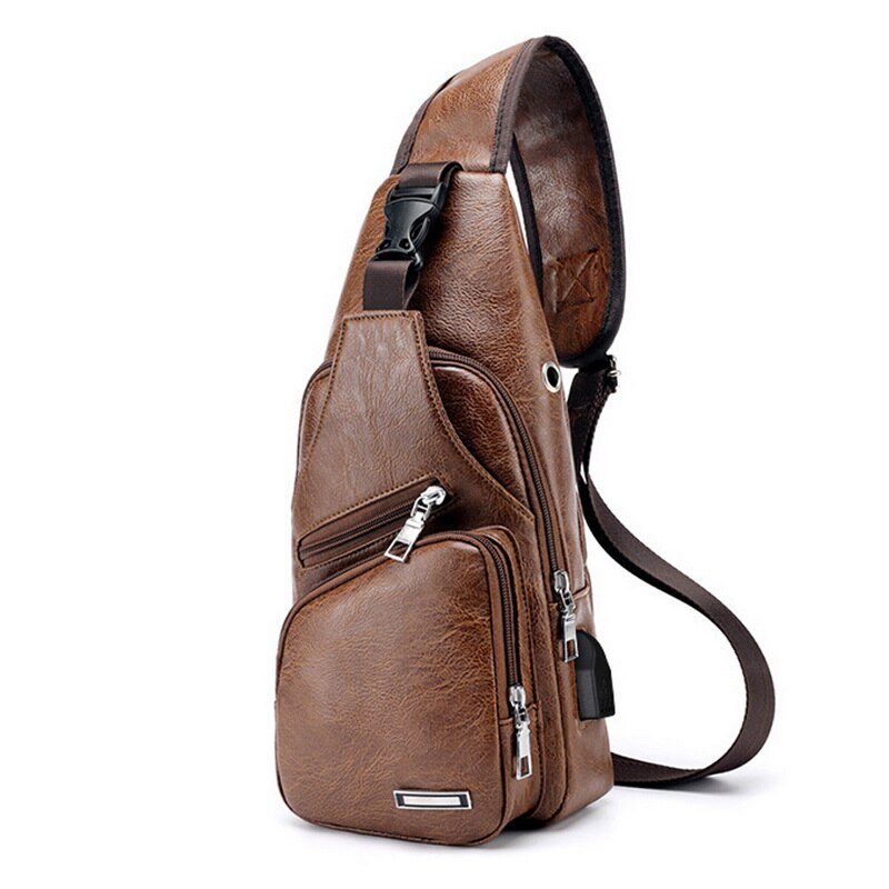 Mannen Crossbody Borst Zakken Taille Zakken Mannen Usb Opladen Hoofdtelefoon Plug Lederen Schoudertas Diagonaal Pakket: Light brown