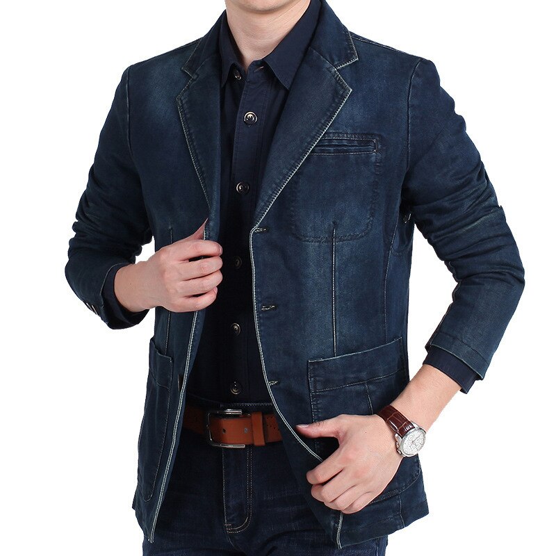 Denim Suit Man Four Seasons Casual Loose Plus Size Solid Color Full Sleeve Pockets Young Coats Jacket Male: Blue / 4XL