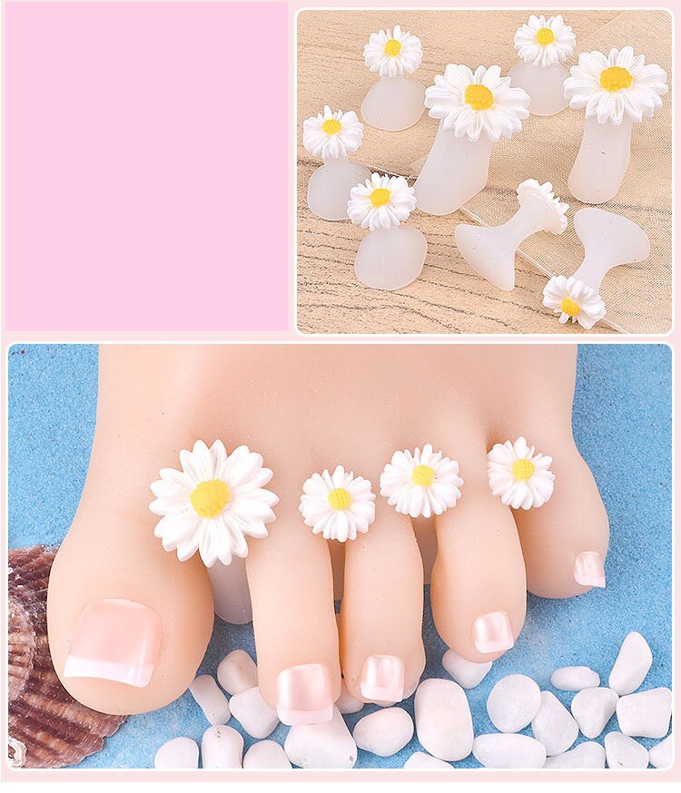 Separador de dedos de silicona suave para el cuidado de los pies, separador de dedos, margaritas, flores, perlas, corazón, diamantes de imitación, herramientas de pedicura, 8 Uds.: Beige