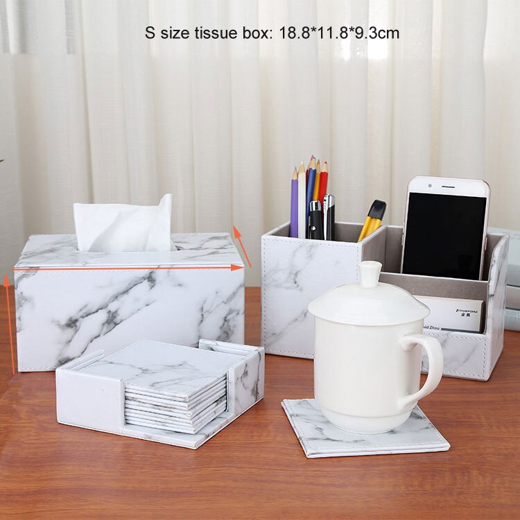 Kontorartikler marmor pu læder skrivebord arrangør sæt pen holder opbevaringsboks tissuekasse cup coaster 3 stk / sæt: T020 s