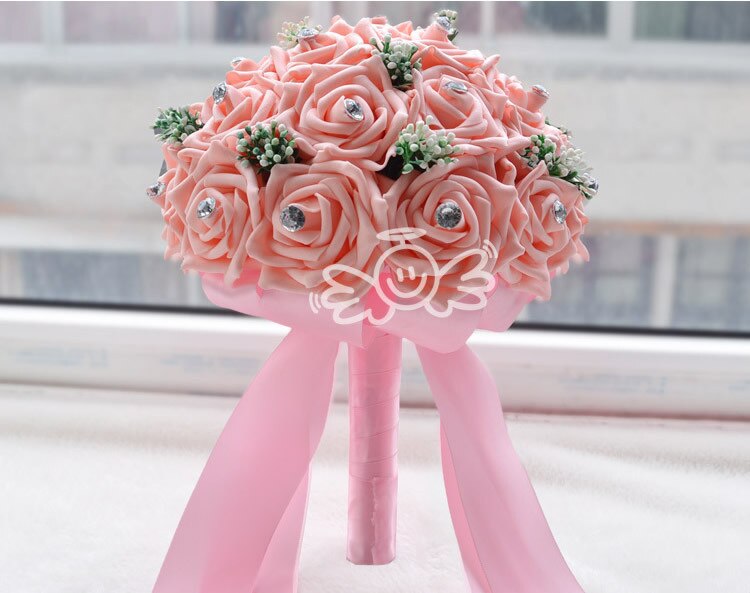 AYiCuthia Prachtige Handgemaakte Bruiloft bloemen Witte Bruidsmeisje Bruidsboeketten kunstmatige Rose Bruiloft Boeket S52: Pink