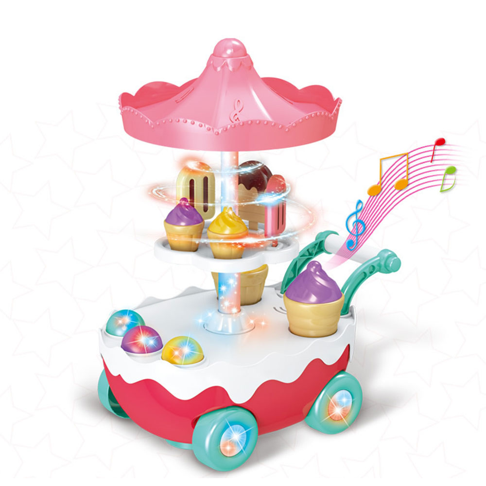 Simulation Ice Cream Trolley Rotary Electric Light Music MultifunctionUtility Universal Wheel Pretend Play House Toy LED