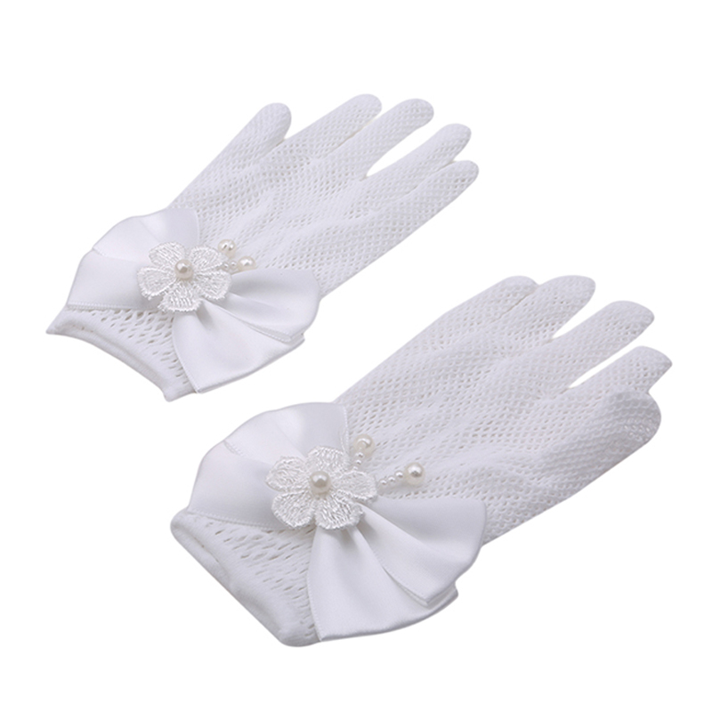 Exquisito encaje blanco Faux perla Fishnet guantes Flor de comunión para 4-15 años niñas novia ceremonia Accesorios