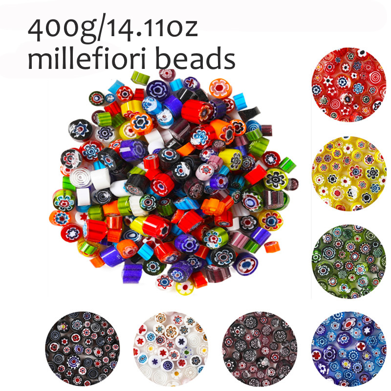 400g/14.11oz Colorful Millefiori Glass Beads Mosaic Tiles Thousand Flower Beads Cylinder Shape DIY Hobbies and Crafts Materials