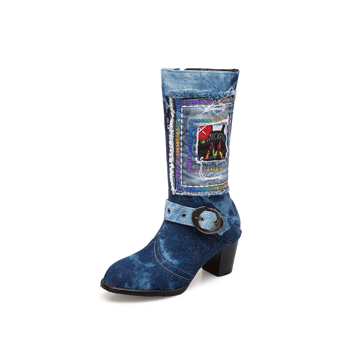 Denim dam promenadskor vinterkänga tjock klack mid kalv stövlar orm bälte spänne kvinnlig riddare boots kort plysch varm storlek 43: Mörkblå / 3.5