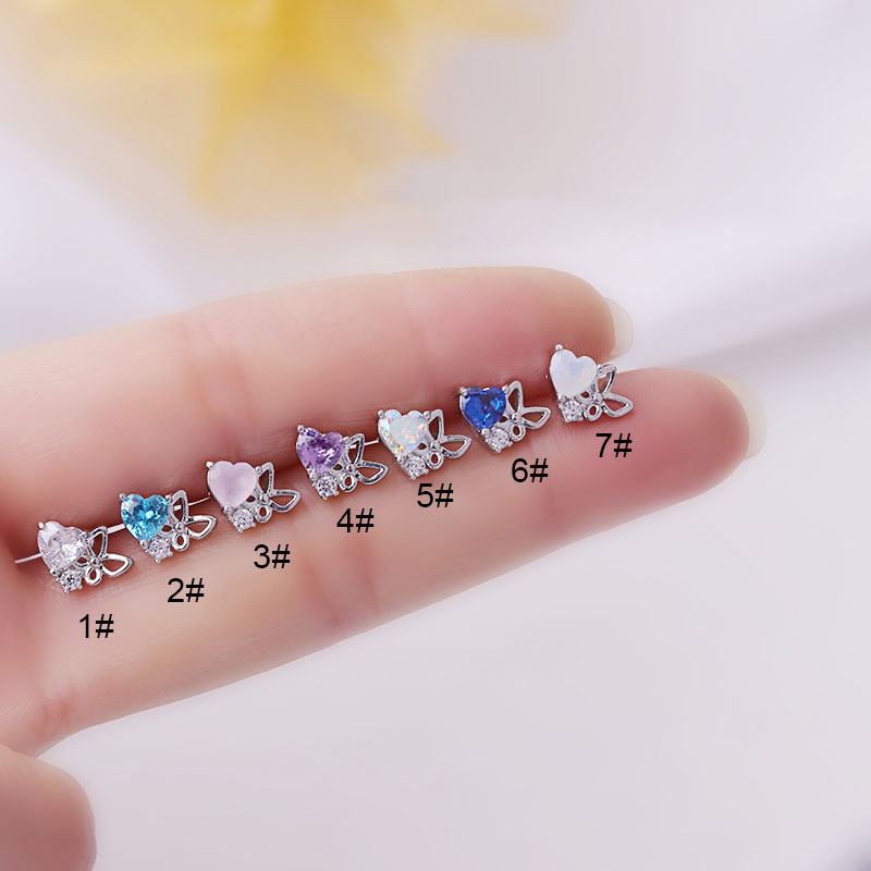 1Pc Stainless Steel Helix Stud Earrings Butterfly Heart Zircon Cz Little Cartilage Rook Snug Conch Ear Piercing Earring: SILVER / 6