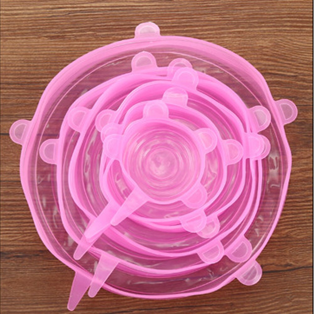 6 uds tapas elásticas de silicona tapa Universal de silicona tapa de olla de silicona tapa de cocina de alimentos cubierta fresca de microondas: Pink