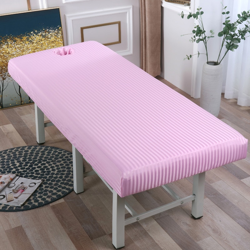 Gestreepte Massage Tafel Bed Hoeslaken Elastische Volledige Cover Rubber Band Massage Spa Bed Cover Met Gezicht Gat 4 maten: 185x70 / Roze