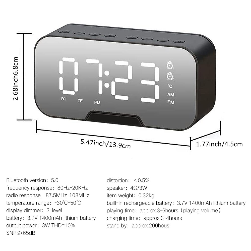 LED Wireless Bluetooth Speakers 3W Fm Radio With Digital Alarm Clock Mirror Sound Box Subwoofer Handsfree Desktop Speaker