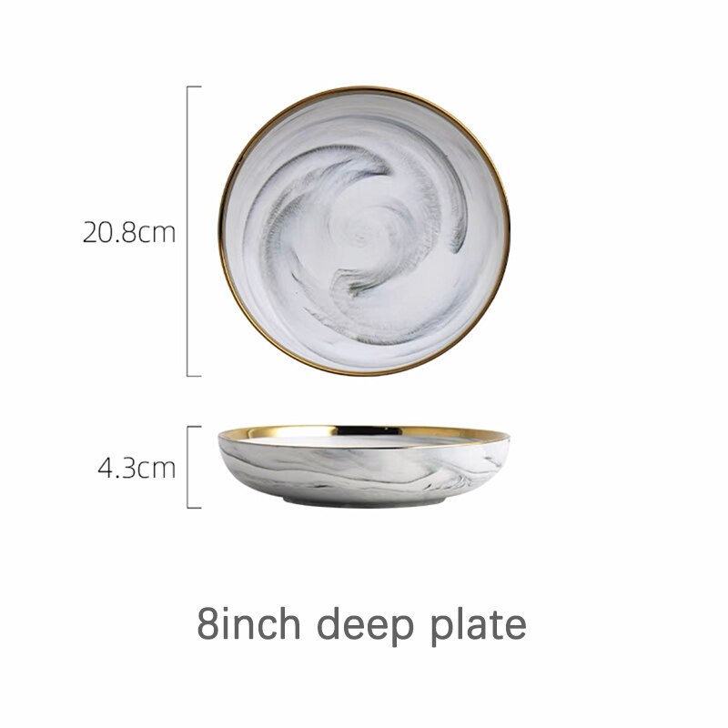 Dinner Plates Set Dishes Marble Steak Food Plate Salad Soup Bowl Dessert Cake Plate Dinnerware Set for Restaurant: 8 inch deep plate