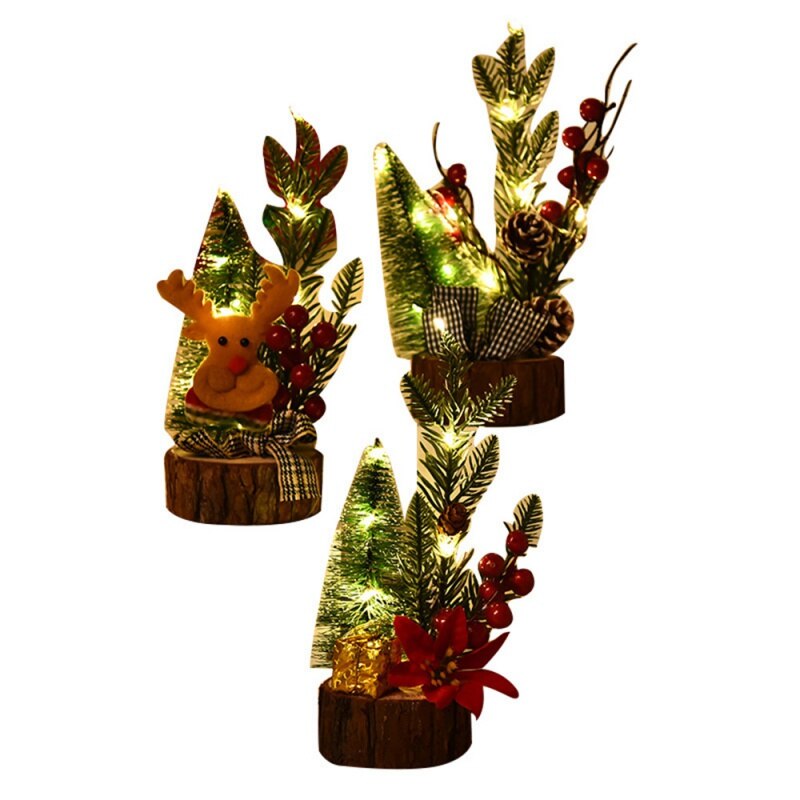 Mini Christmas Tree With Light-emitting Wooden Base Table Top Christmas Tree Pine Fruit Deer Safflower Style